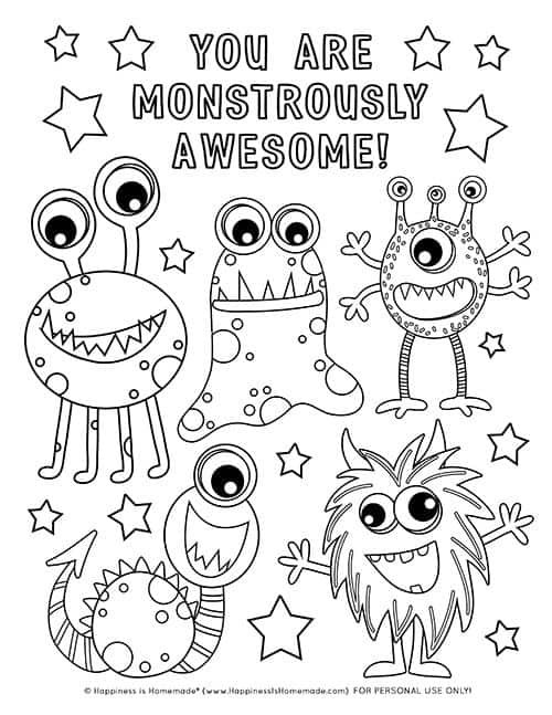 you are monstrously awesome coloring page with 6 monsters to color