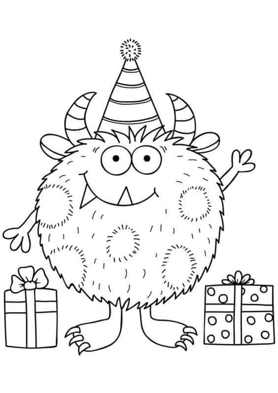 birthday monster coloring page with a birthday hat and presents
