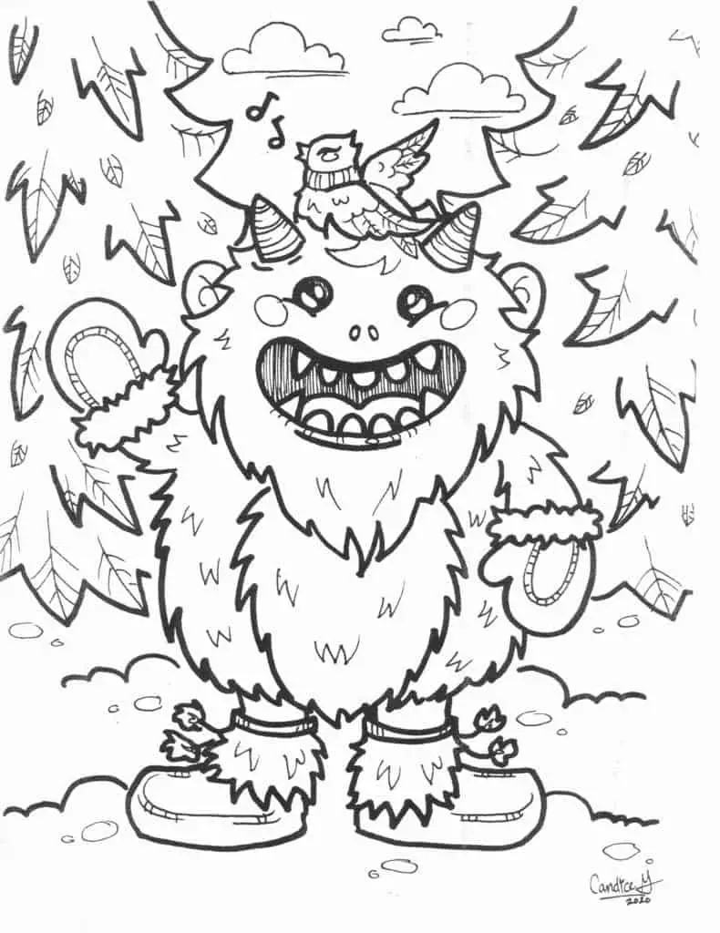 adorable winter monster standing in the snow with a bird on his head.