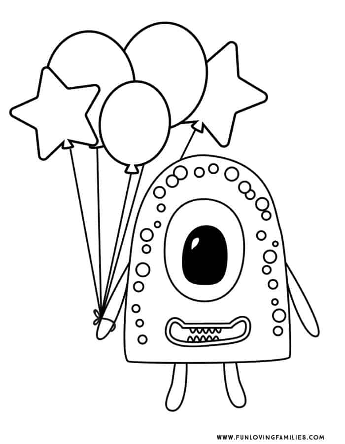 monster holding round and star shaped balloons